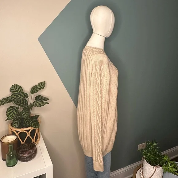 Tasso Elba Men Beige Cable Knit Sweater 100% Cotton Vintage-Inspired Pullover L - Picture 5 of 12